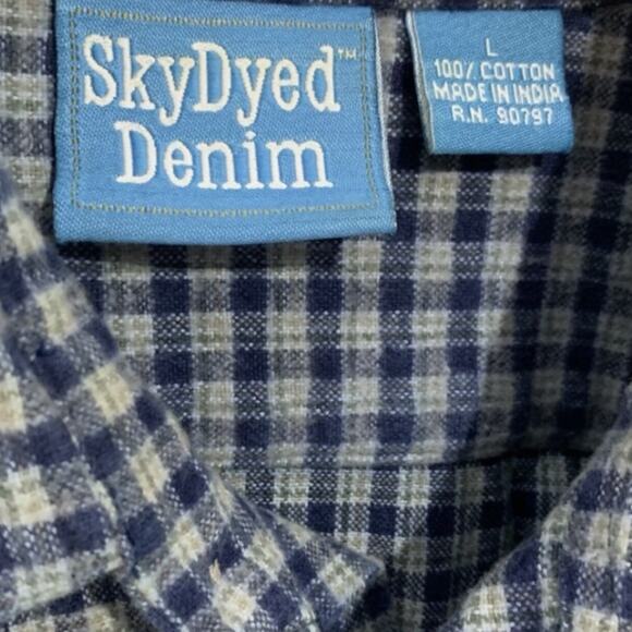 90s Streetwear Plaid Overshirt Men's Size Large Skydyed Denim Grunge Outdoors - Picture 3 of 5